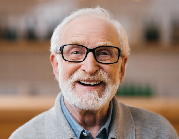 Senior man smiling with dental implant restorations for tooth replacement in Bedford, TX dental office